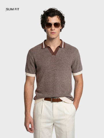 Men's Brown Slim Fit Solid Flat Knit Polo T-Shirt