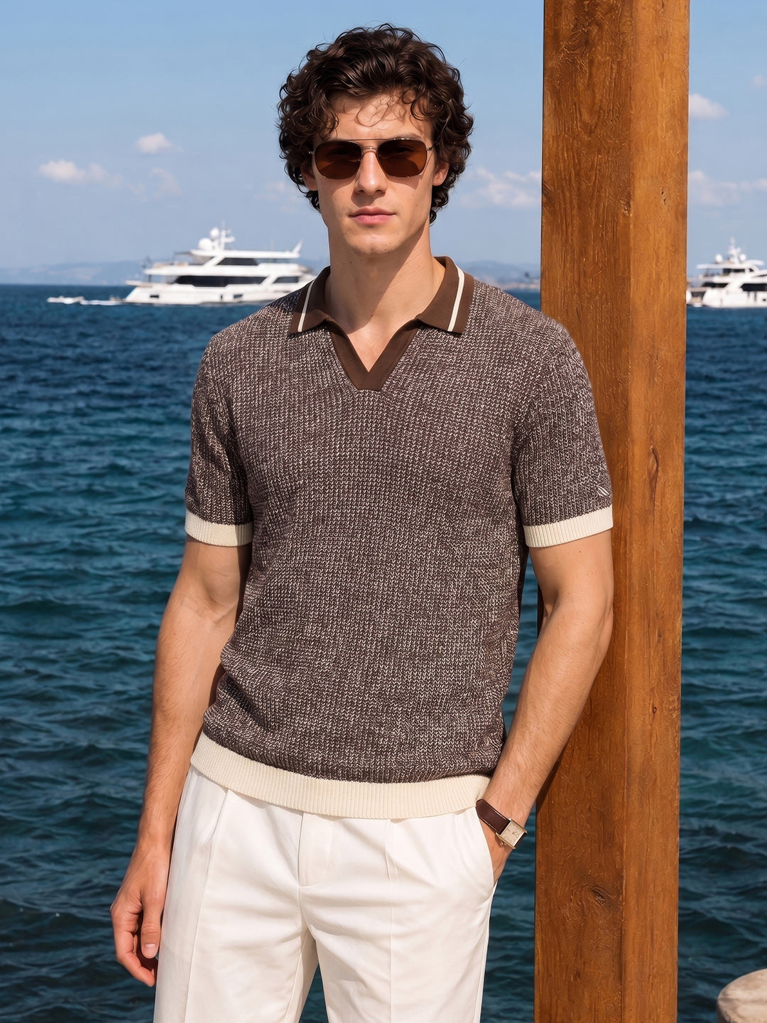 Men's Brown Slim Fit Solid Flat Knit Polo T-Shirt