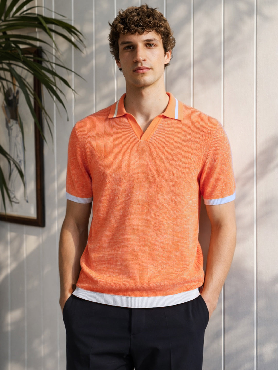 Men's Orange Slim Fit Solid Flat Knit T-Shirt