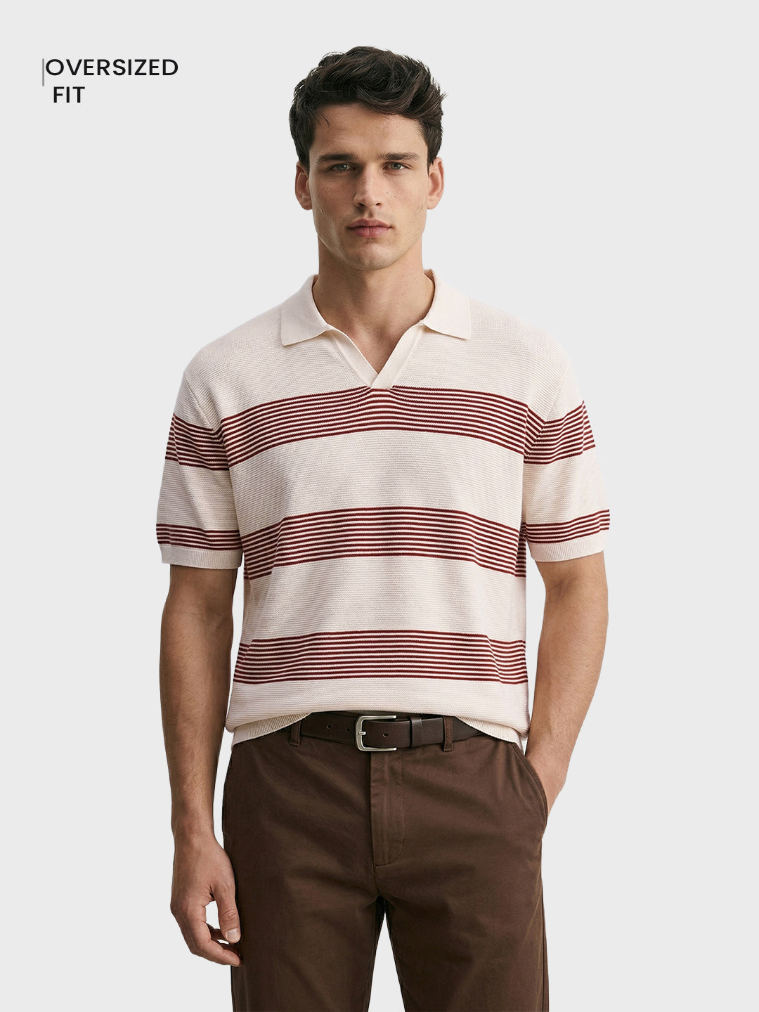 Men's Red Oversized Fit Striped Flat Knit T-Shirt
