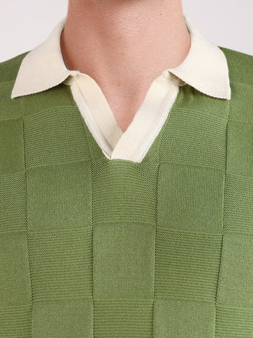 Men's Green Slim Fit Solid Flat Knit Polo T-Shirt