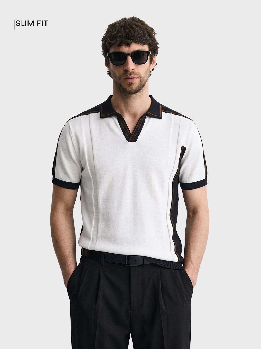 Men's White Slim Fit Colourblocked  Flat Knit Polos T-Shirt