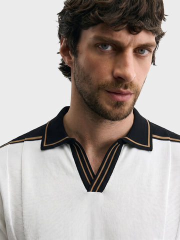 Men's White Slim Fit Colourblocked  Flat Knit Polos T-Shirt