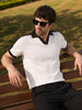 Men's White Slim Fit Colourblocked  Flat Knit Polos T-Shirt