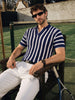 Men's Navy Blue Slim Fit Striped Flat Knit Polo T-Shirt