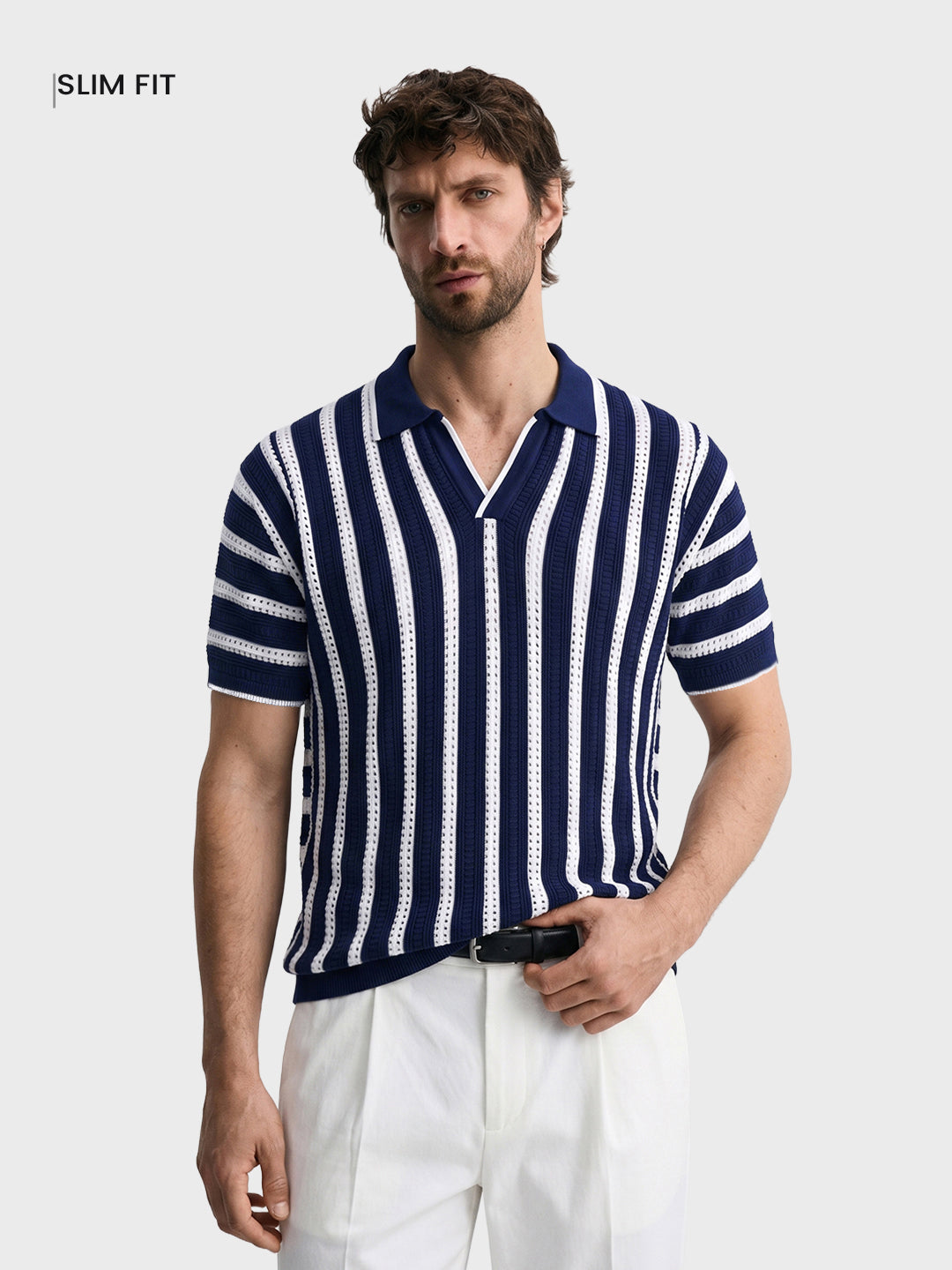 Men's Navy Blue Slim Fit Striped Flat Knit Polo T-Shirt