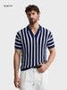 Men's Navy Blue Slim Fit Striped Flat Knit Polo T-Shirt