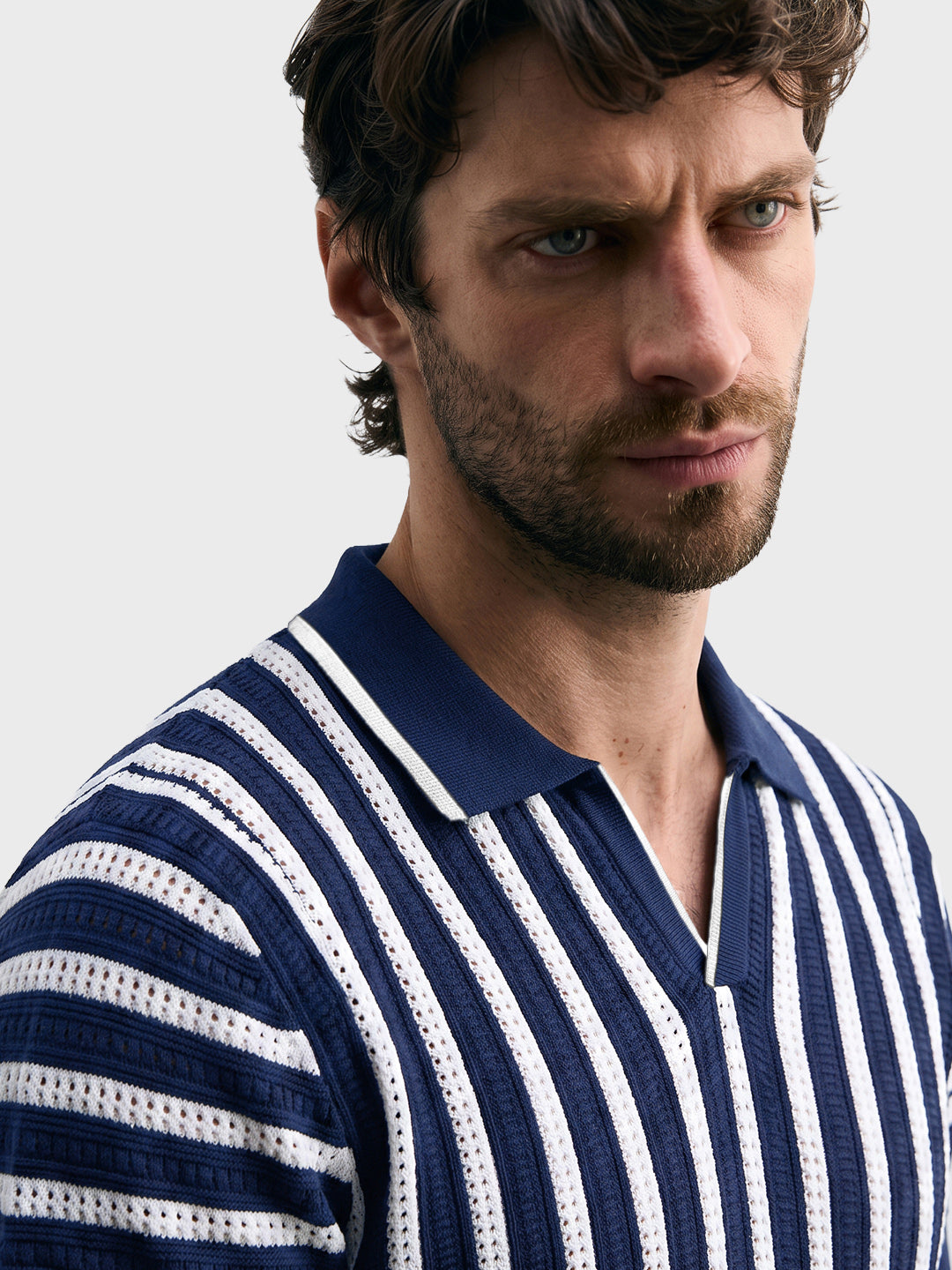 Men's Navy Blue Slim Fit Striped Flat Knit Polo T-Shirt