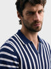 Men's Navy Blue Slim Fit Striped Flat Knit Polo T-Shirt