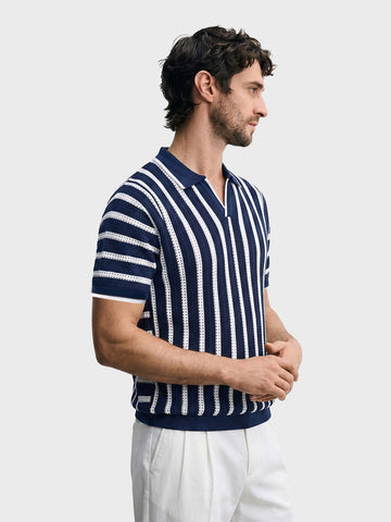 Men's Navy Blue Slim Fit Striped Flat Knit Polo T-Shirt