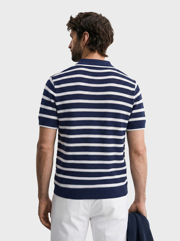 Men's Navy Blue Slim Fit Striped Flat Knit Polo T-Shirt