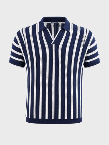 Men's Navy Blue Slim Fit Striped Flat Knit Polo T-Shirt