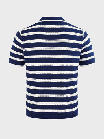 Men's Navy Blue Slim Fit Striped Flat Knit Polo T-Shirt