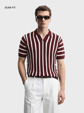 Men's Maroon Slim Fit Striped Flat Knit Polos T-Shirt