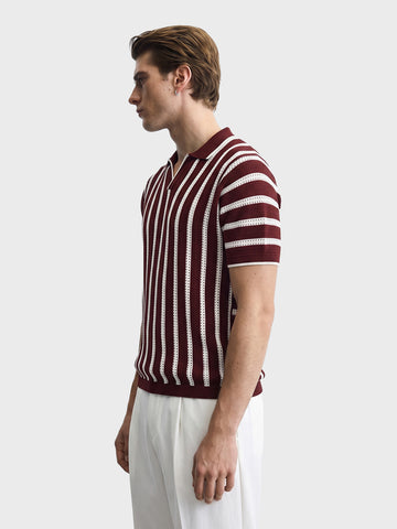 Men's Maroon Slim Fit Striped Flat Knit Polos T-Shirt