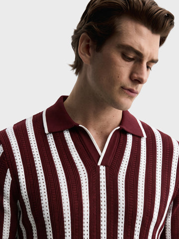 Men's Maroon Slim Fit Striped Flat Knit Polos T-Shirt
