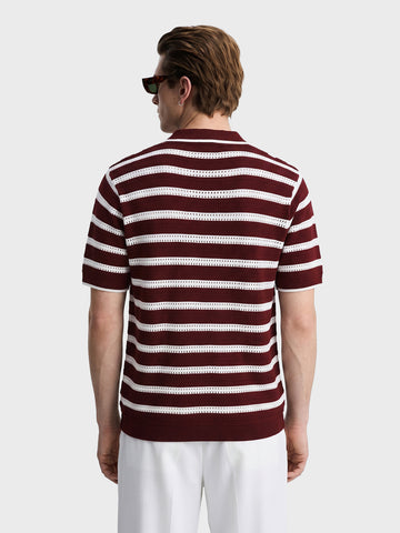 Men's Maroon Slim Fit Striped Flat Knit Polos T-Shirt