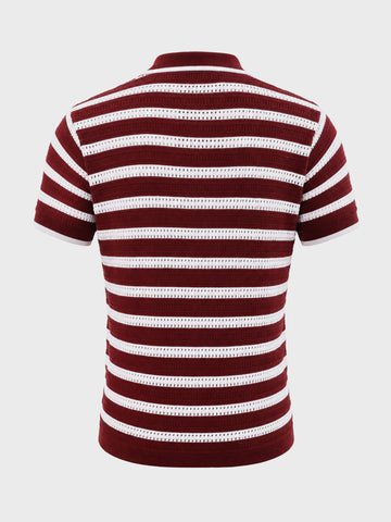 Men's Maroon Slim Fit Striped Flat Knit Polos T-Shirt