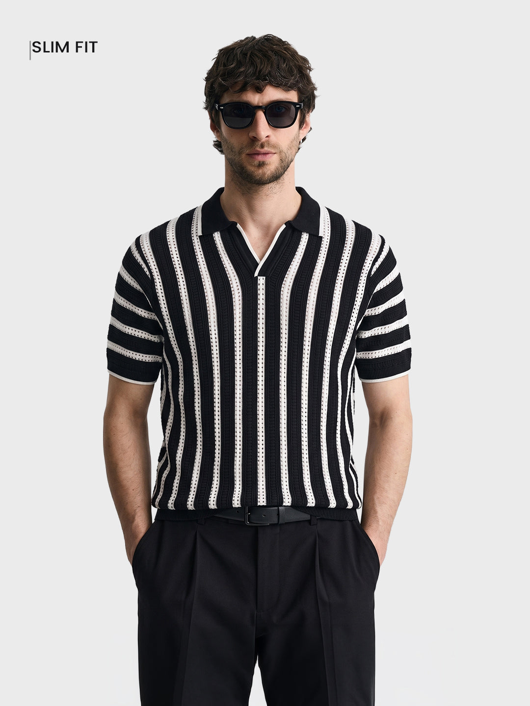 Men's Black Slim Fit Striped Flat Knit Polos T-Shirt