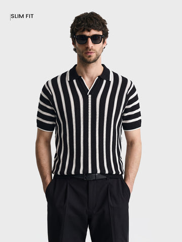 Men's Black Slim Fit Striped Flat Knit Polos T-Shirt