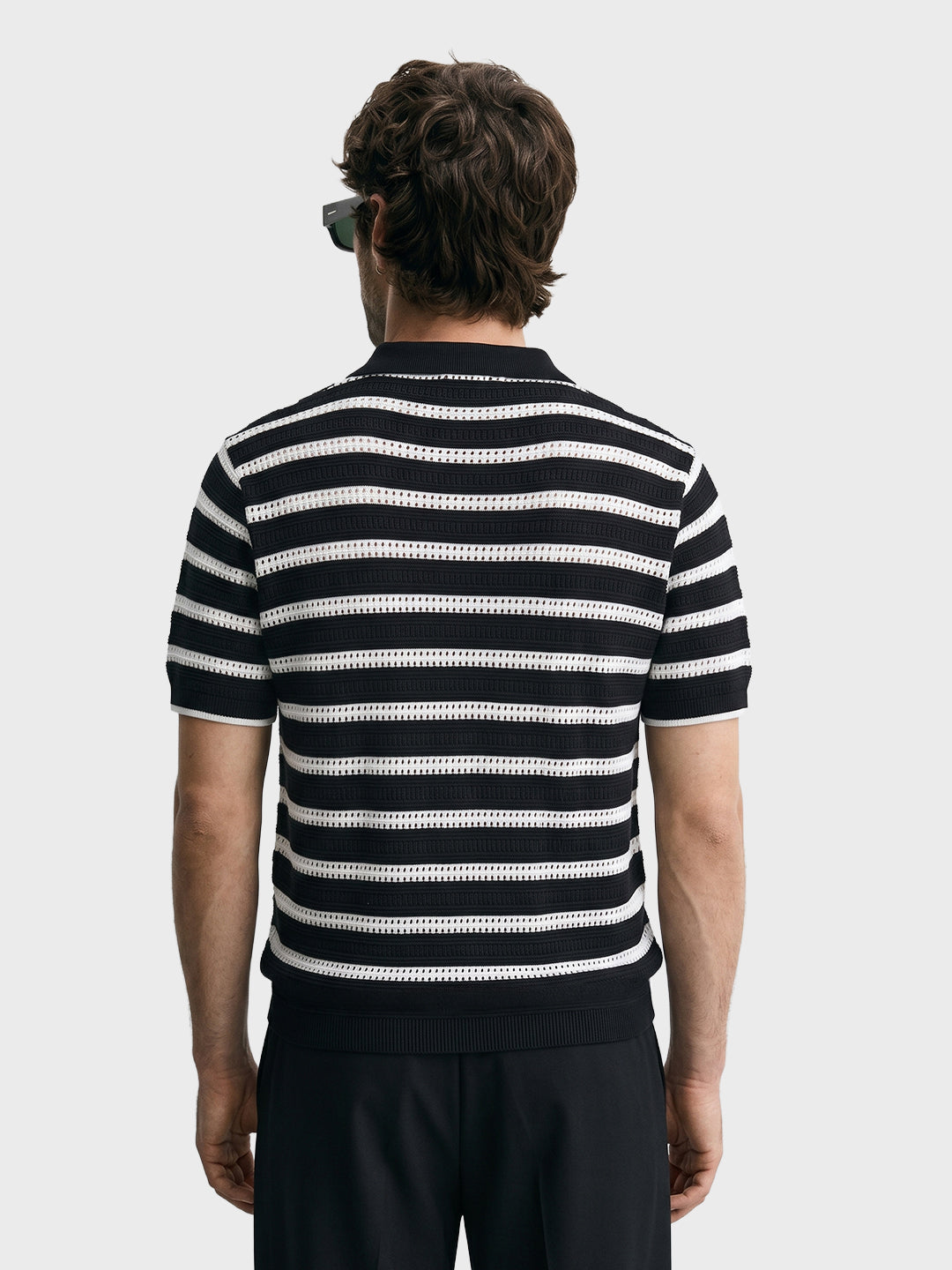 Men's Black Slim Fit Striped Flat Knit Polos T-Shirt