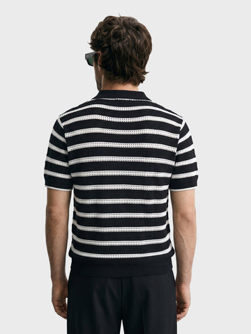 Men's Black Slim Fit Striped Flat Knit Polos T-Shirt