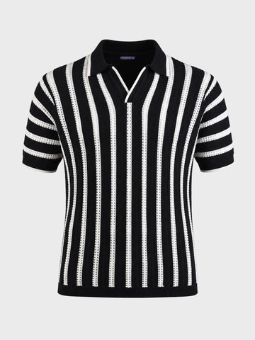 Men's Black Slim Fit Striped Flat Knit Polos T-Shirt