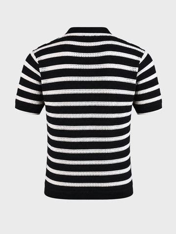 Men's Black Slim Fit Striped Flat Knit Polos T-Shirt