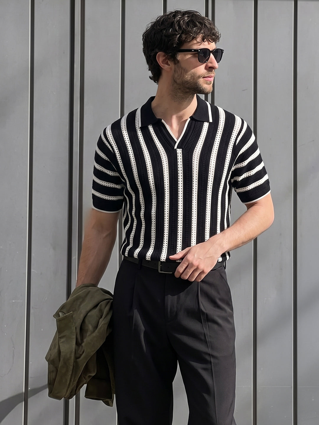 Men's Black Slim Fit Striped Flat Knit Polos T-Shirt