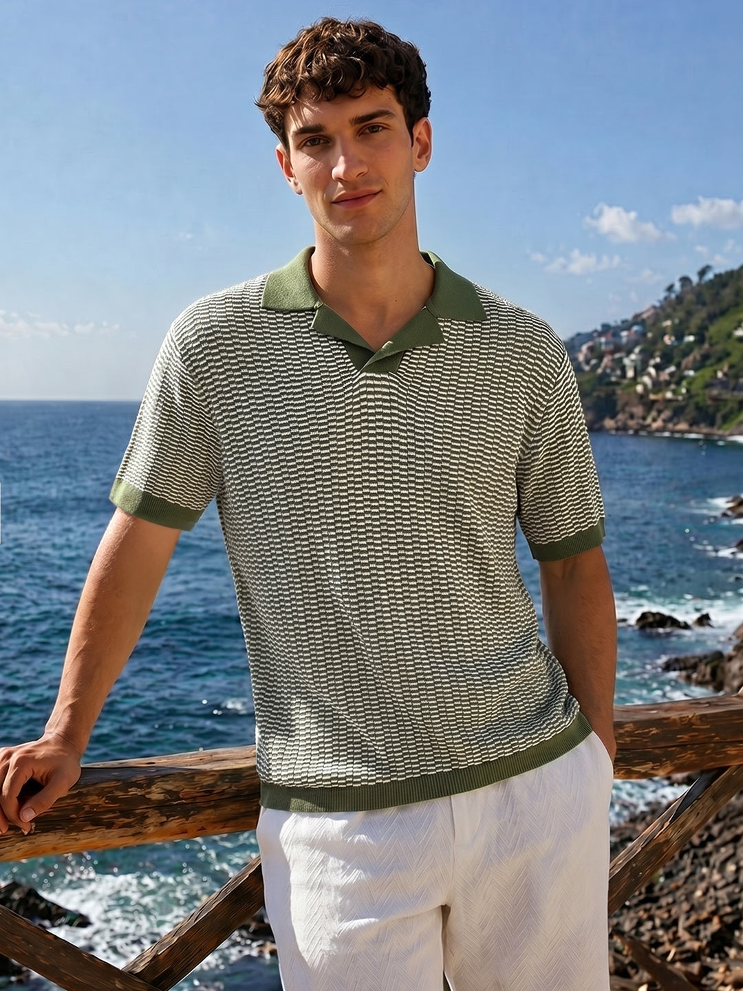 Men's Green Slim Fit Solid Flat Knit Polos T-Shirts