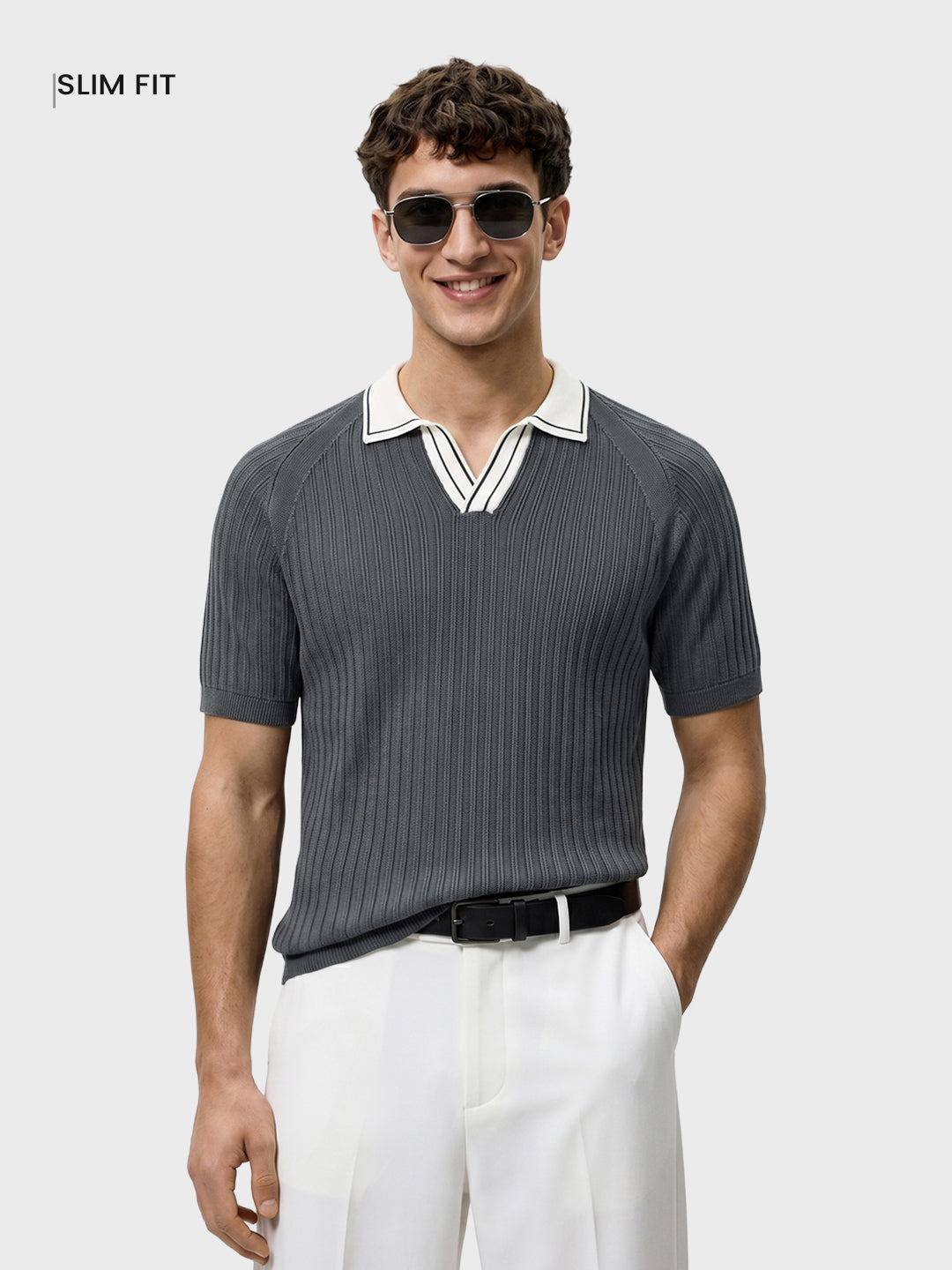 Men's Grey Slim Fit Solid Flat Knit Polos T-Shirt