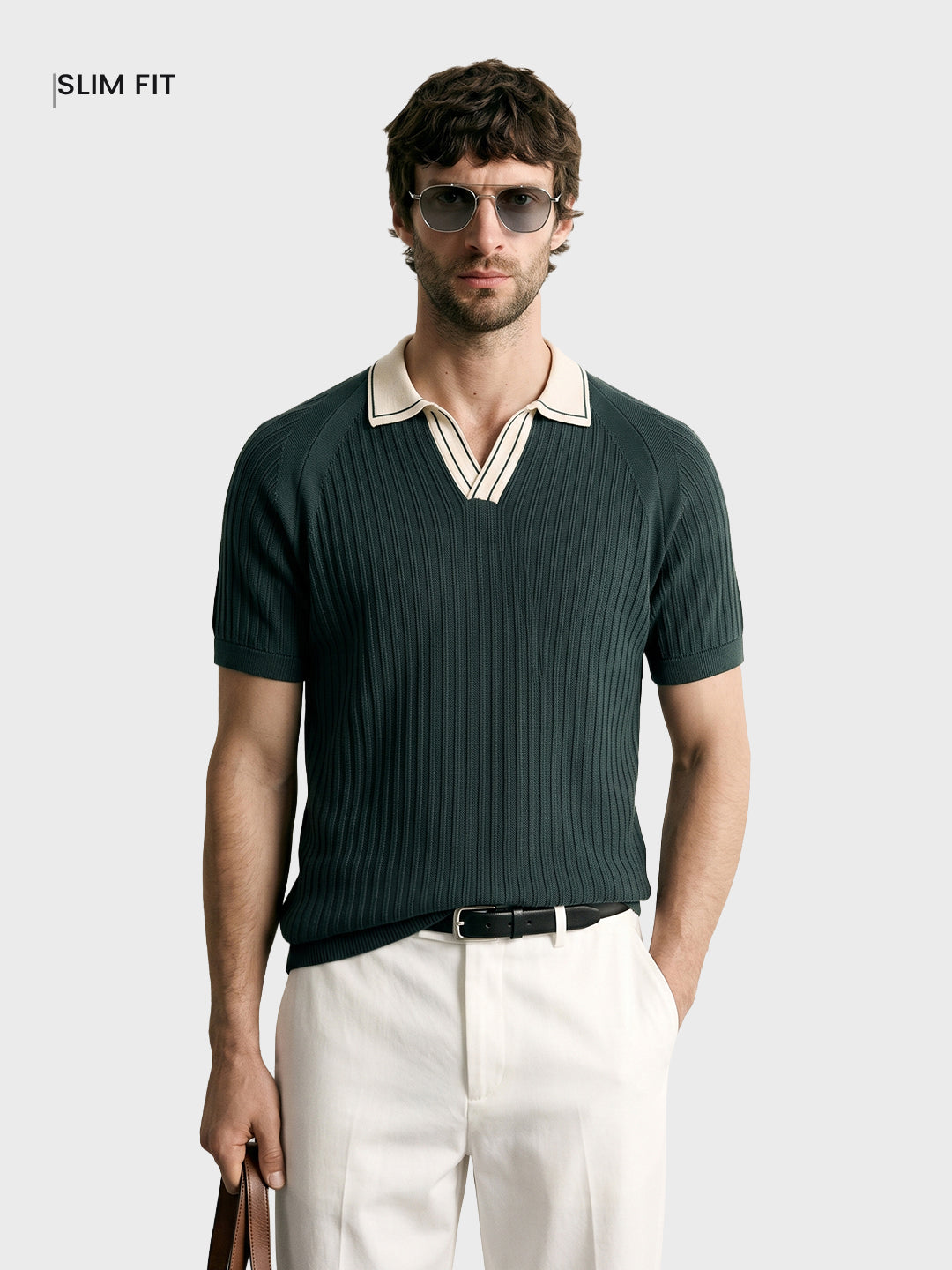 Men's Green Slim Fit Solid Textured Casual Polo T-Shirt