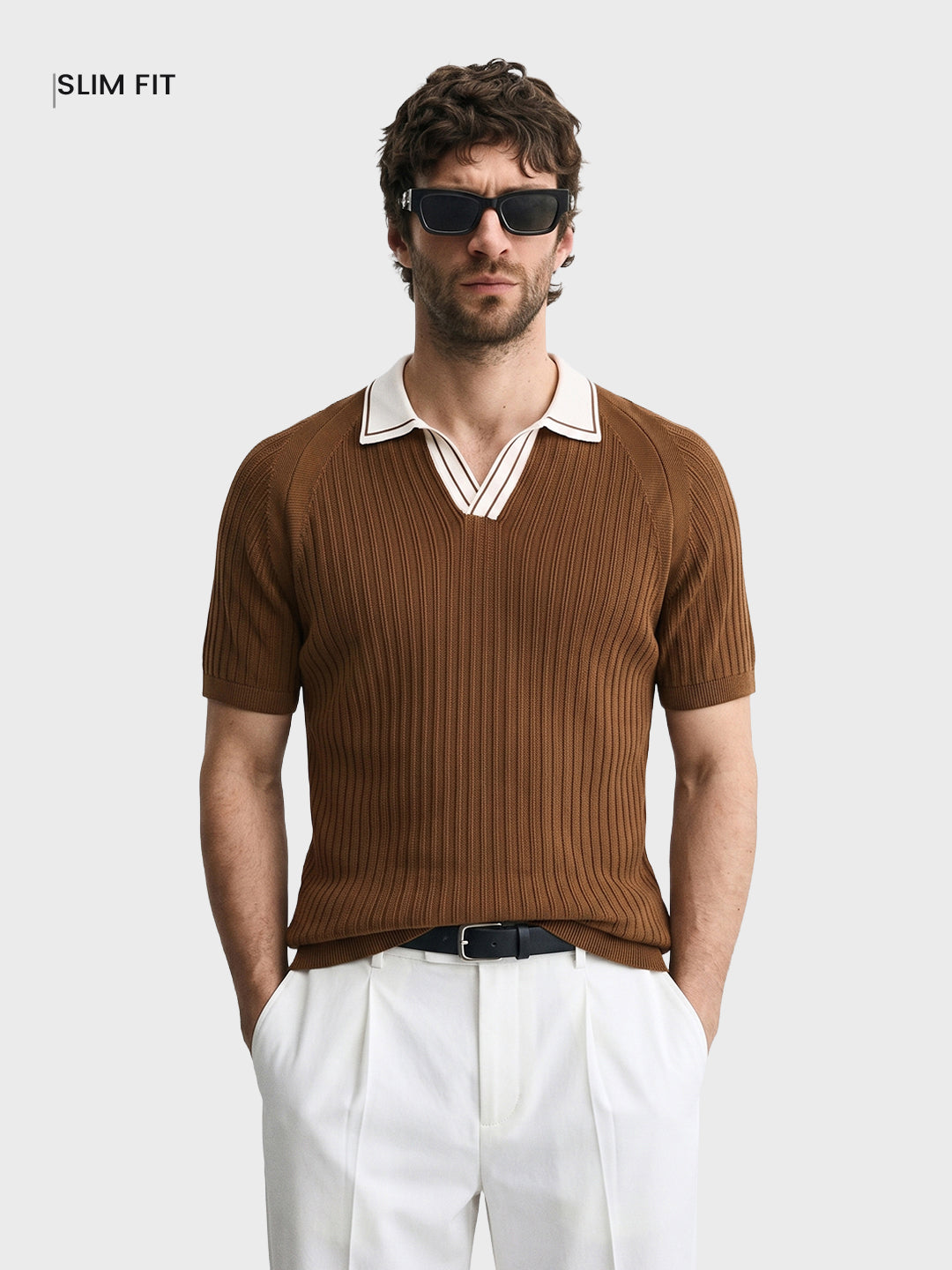Men's Brown Slim Fit Solid Textured Flat Knit Polos T-Shirt