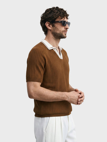 Men's Brown Slim Fit Solid Textured Flat Knit Polos T-Shirt