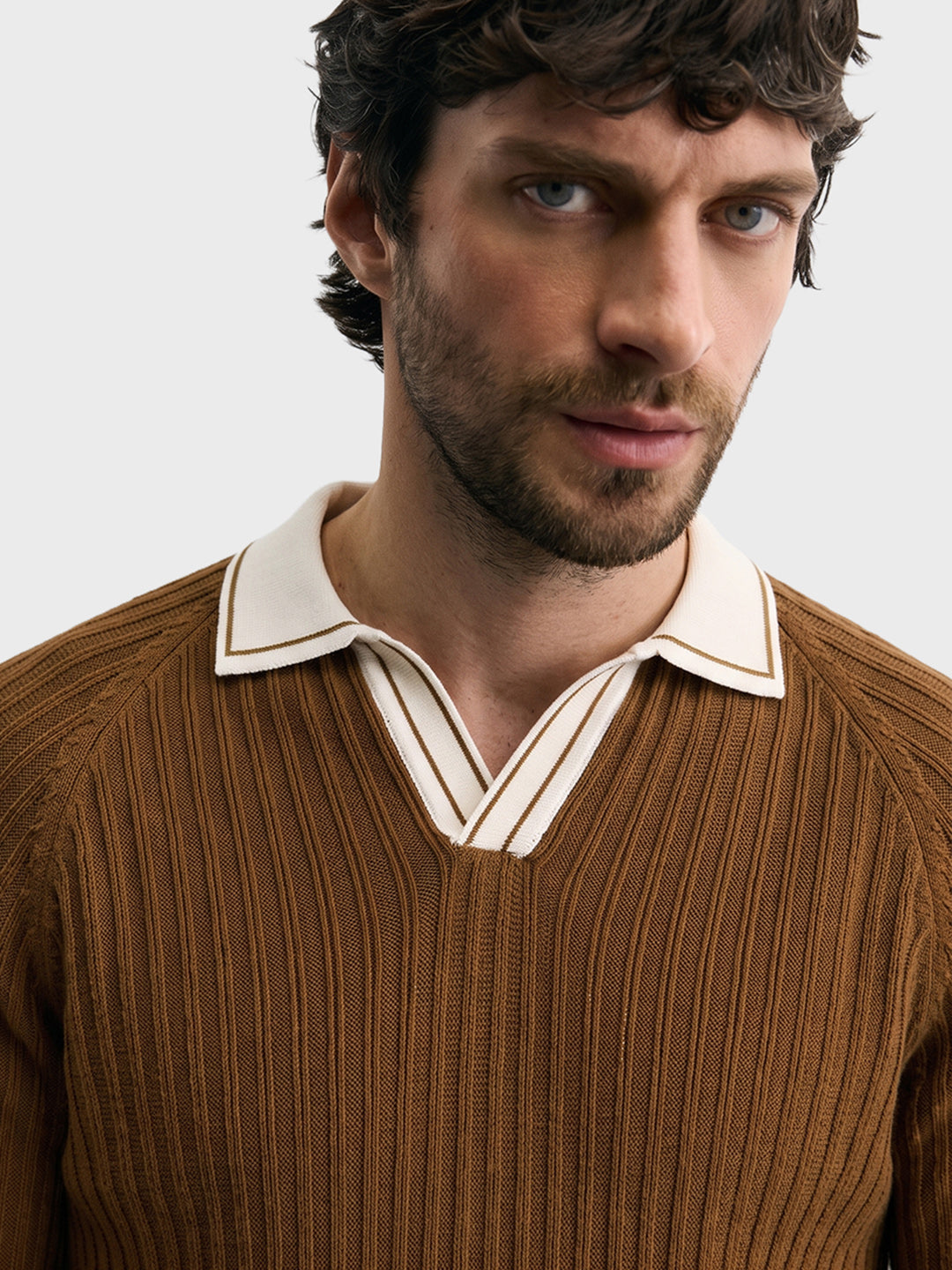 Men's Brown Slim Fit Solid Textured Flat Knit Polos T-Shirt