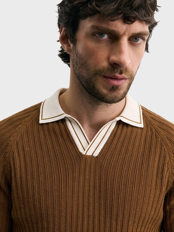 Men's Brown Slim Fit Solid Textured Flat Knit Polos T-Shirt