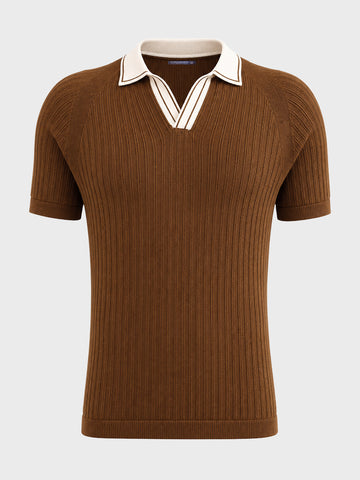 Men's Brown Slim Fit Solid Textured Flat Knit Polos T-Shirt