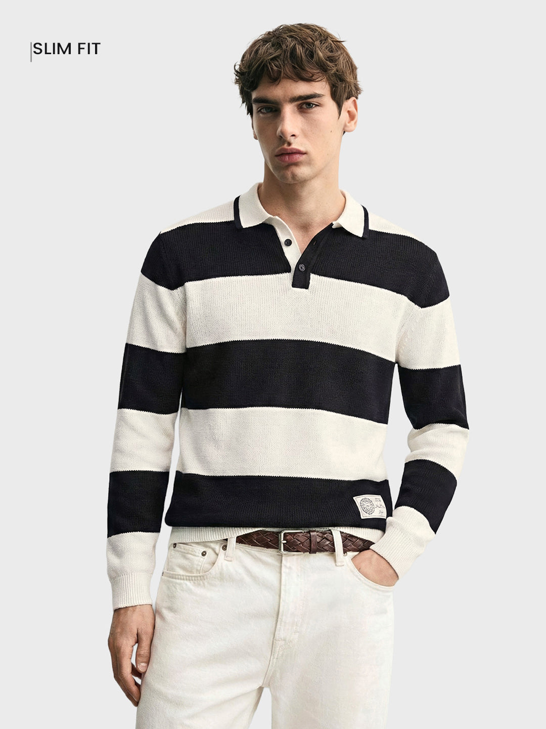 Men's White Slim Fit Striped Flat Knit T-Shirt