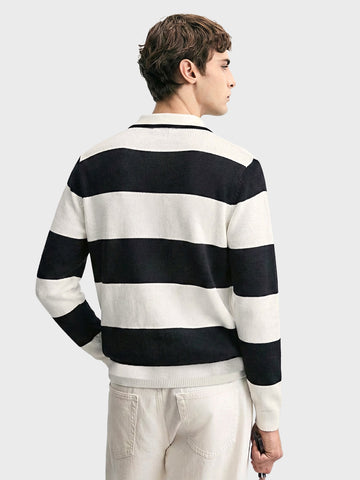 Men's White Slim Fit Striped Flat Knit Polo Collar T-Shirt