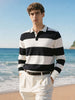 Men's White Slim Fit Striped Flat Knit Polo Collar T-Shirt
