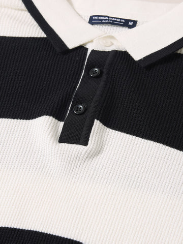 Men's White Slim Fit Striped Flat Knit Polo Collar T-Shirt