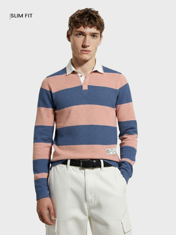 Men's Blue Slim Fit Striped Flat Knit Polo Collar T-Shirt