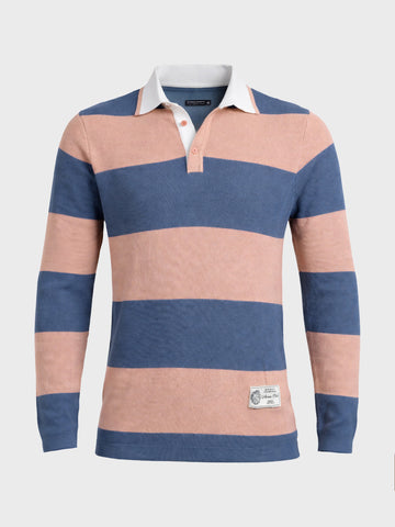 Men's Blue Slim Fit Striped Flat Knit Polo Collar T-Shirt