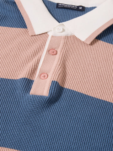 Men's Blue Slim Fit Striped Flat Knit Polo Collar T-Shirt
