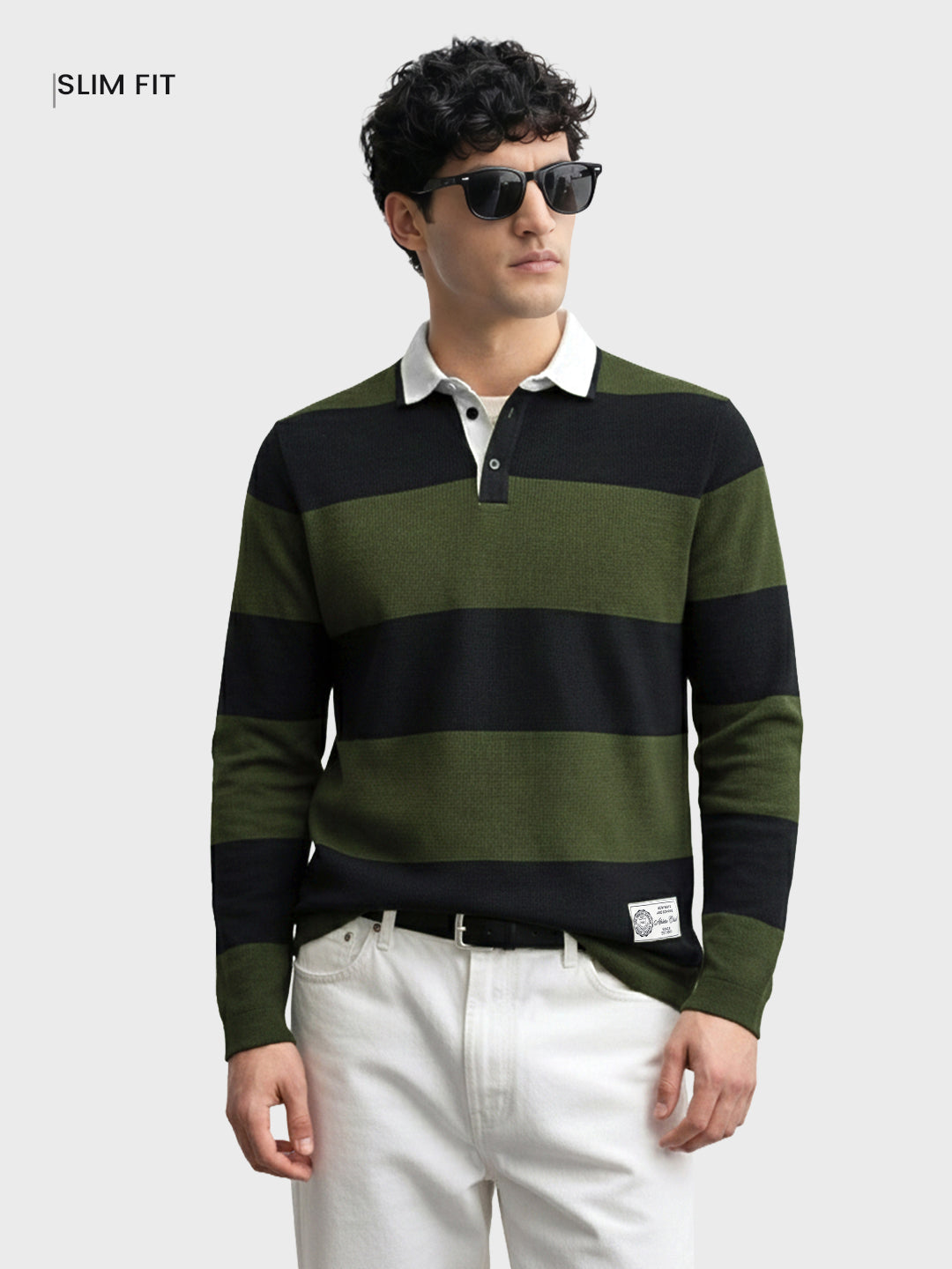 Men's Green Slim Fit Striped Flat Knit Polo Collar T-Shirt