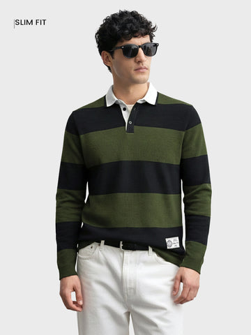 Men's Green Slim Fit Striped Flat Knit Polo Collar T-Shirt