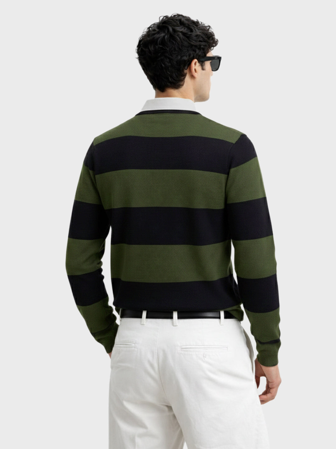 Men's Green Slim Fit Striped Flat Knit Polo Collar T-Shirt