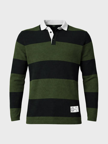 Men's Green Slim Fit Striped Flat Knit Polo Collar T-Shirt