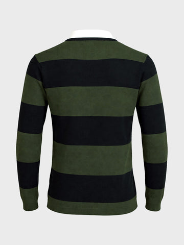 Men's Green Slim Fit Striped Flat Knit Polo Collar T-Shirt