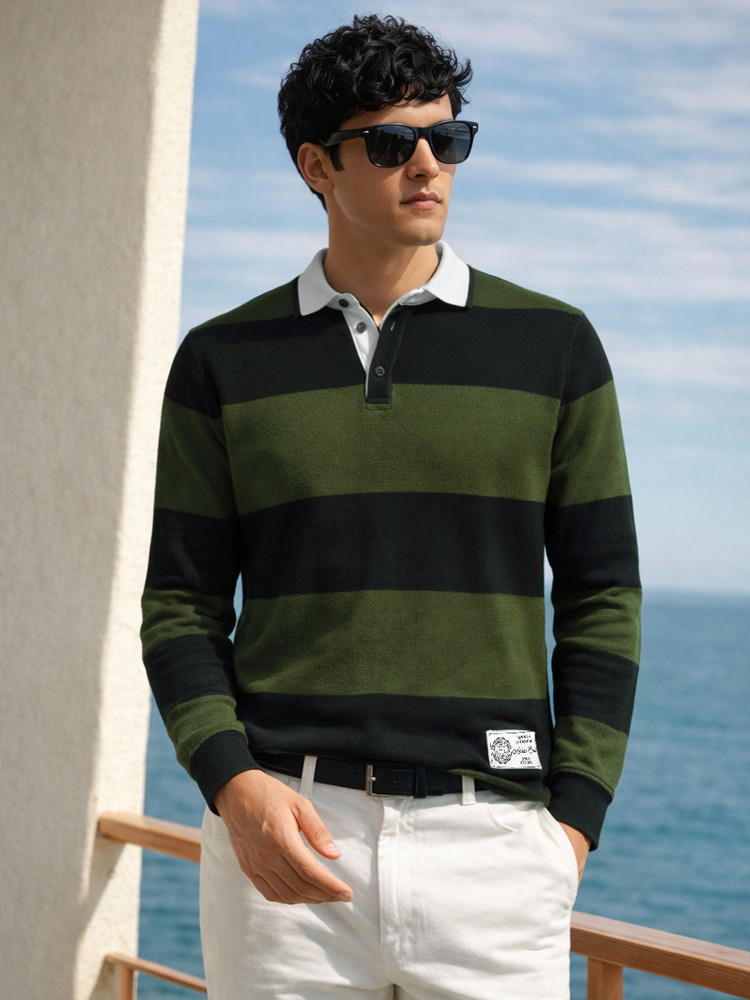 Men's Green Slim Fit Striped Flat Knit Polo Collar T-Shirt